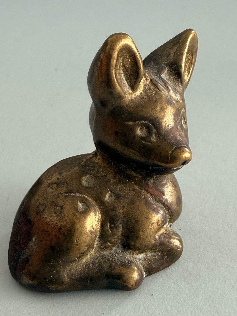 Vintage miniature BRASS DEER Laying Down Doe Fawn 1” Figurine Paperweight